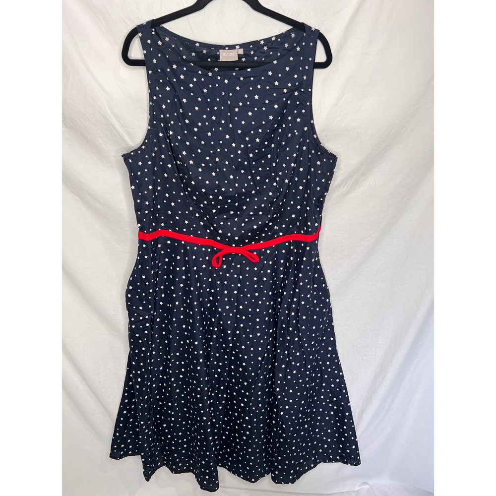 Eshakti Navy Blue Stars Poplin Cotton Dress Sz 2X Red Tie 4th of July America